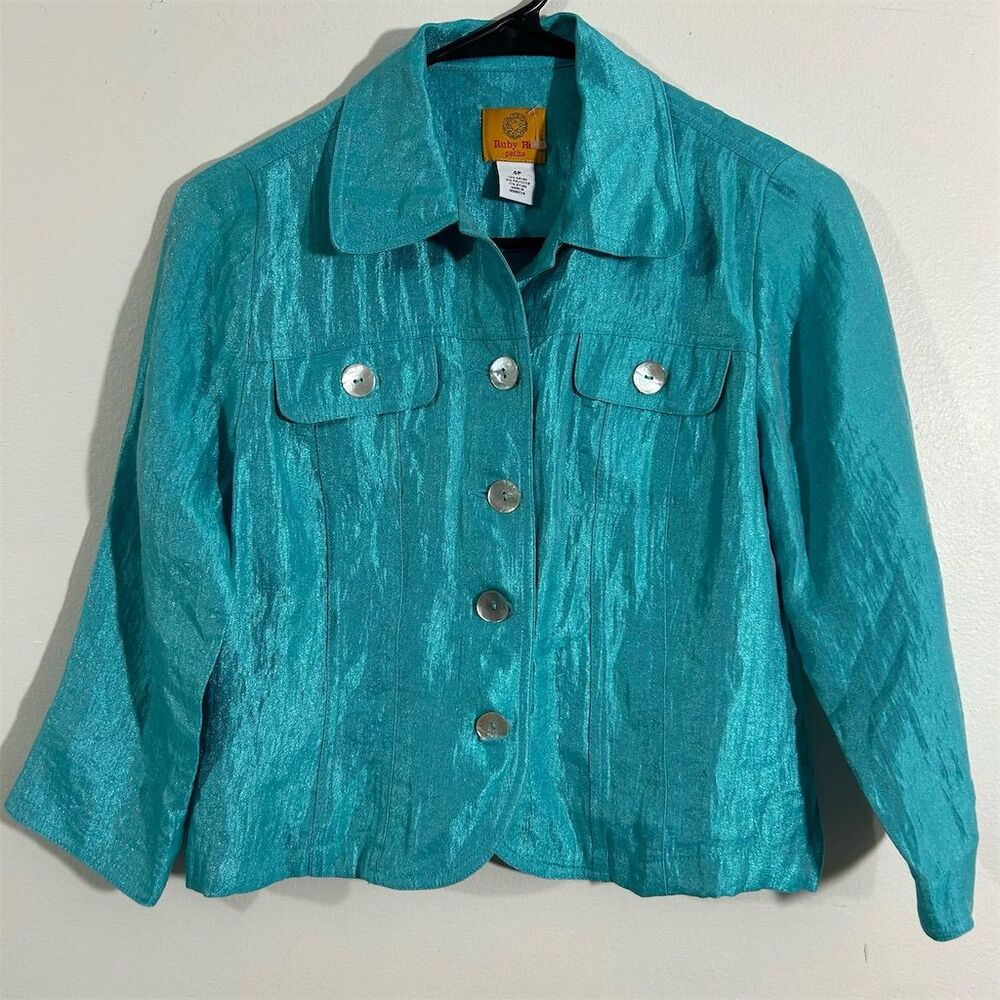 Ruby Rd.‎ Petite Women's Shimmery Teal Jacket Size 4P 3/4 Sleeve Blue